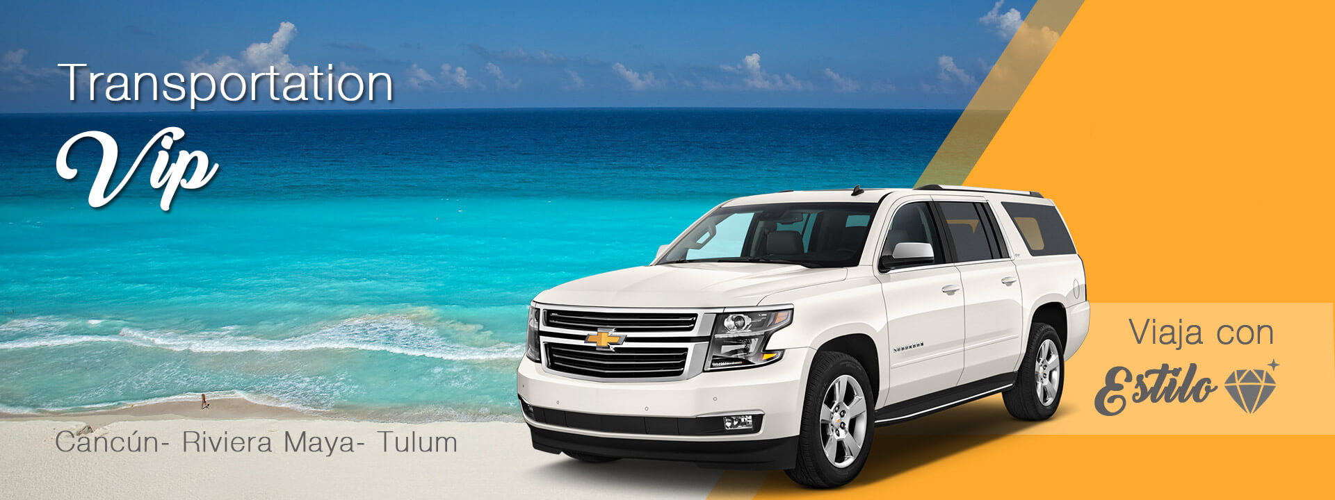 Transporte de Lujo Banner con imagen de camioneta de lujo, vista del mar de Cancún como fondo y un texto que dice VIP Transportation: Viaja con estilo