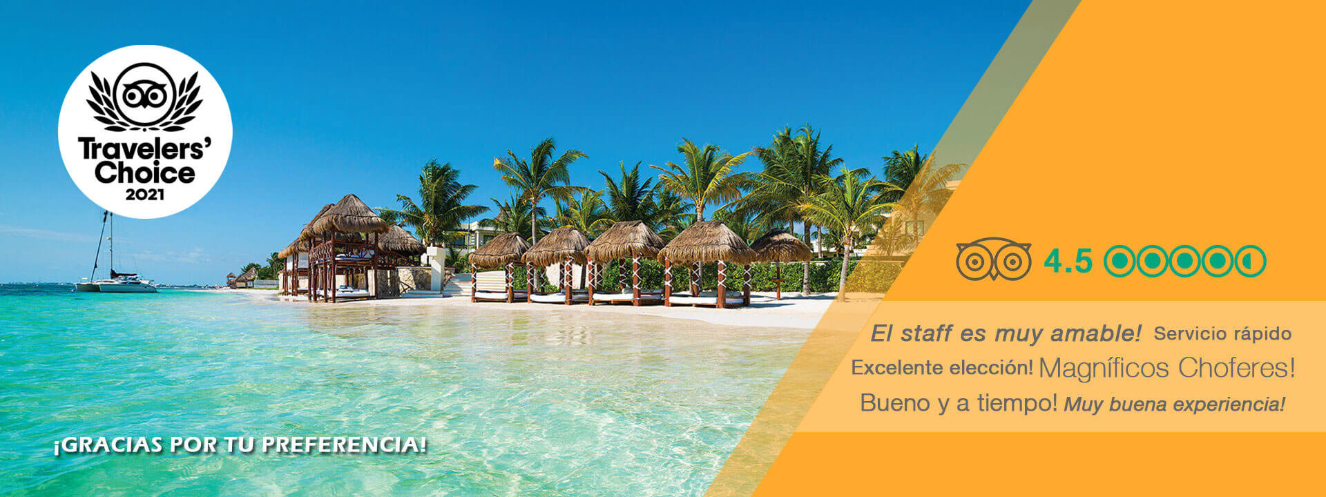 Certificado Travelers Choice 2021 por TripAdvisor Banner con reseña de cliente, el Certificado de Travelers Choice de TripAdvisor y un texto que dice Gracias por tu preferencia.